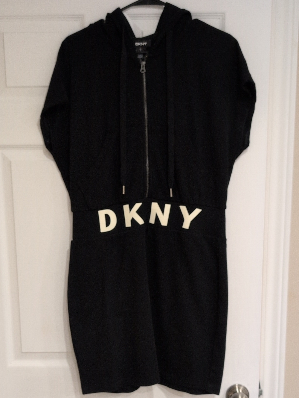 DKNY Black Midi Hoodie Dress with Contrast Logo Waistband